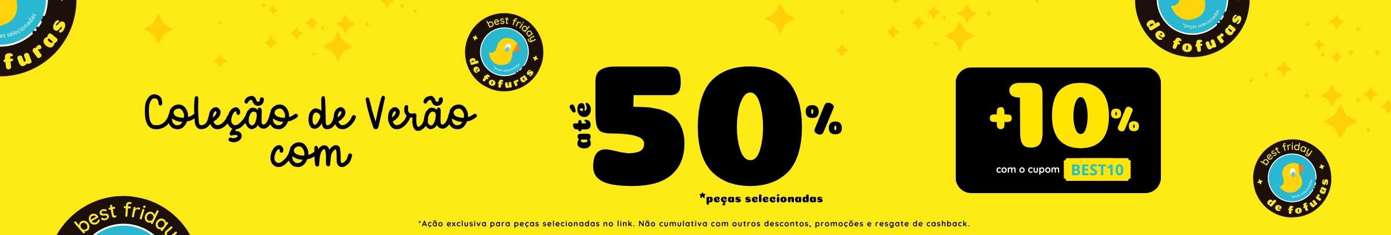 Banner amarelo com oferta de até 50% off em peças da coleção verão
