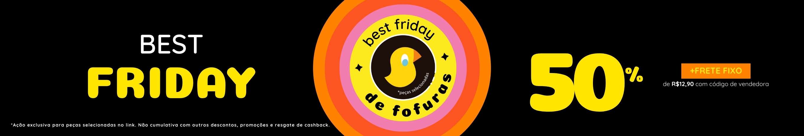 Banner amarelo com oferta de até 50% off em peças da coleção verão