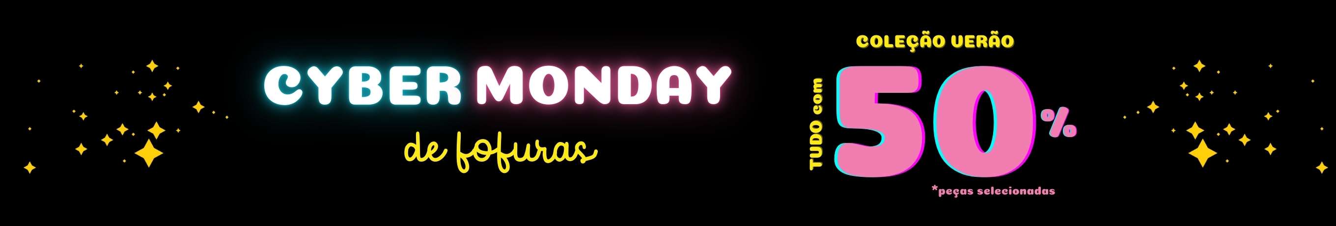 Banner amarelo com oferta de até 50% off em peças da coleção verão