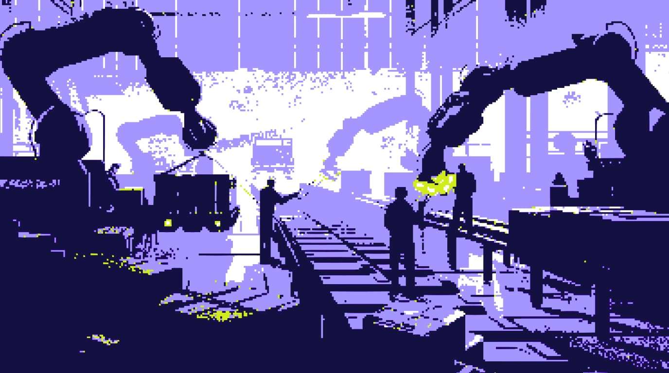 Abstract geometric composition representing the tension between built capability and unfinished automation