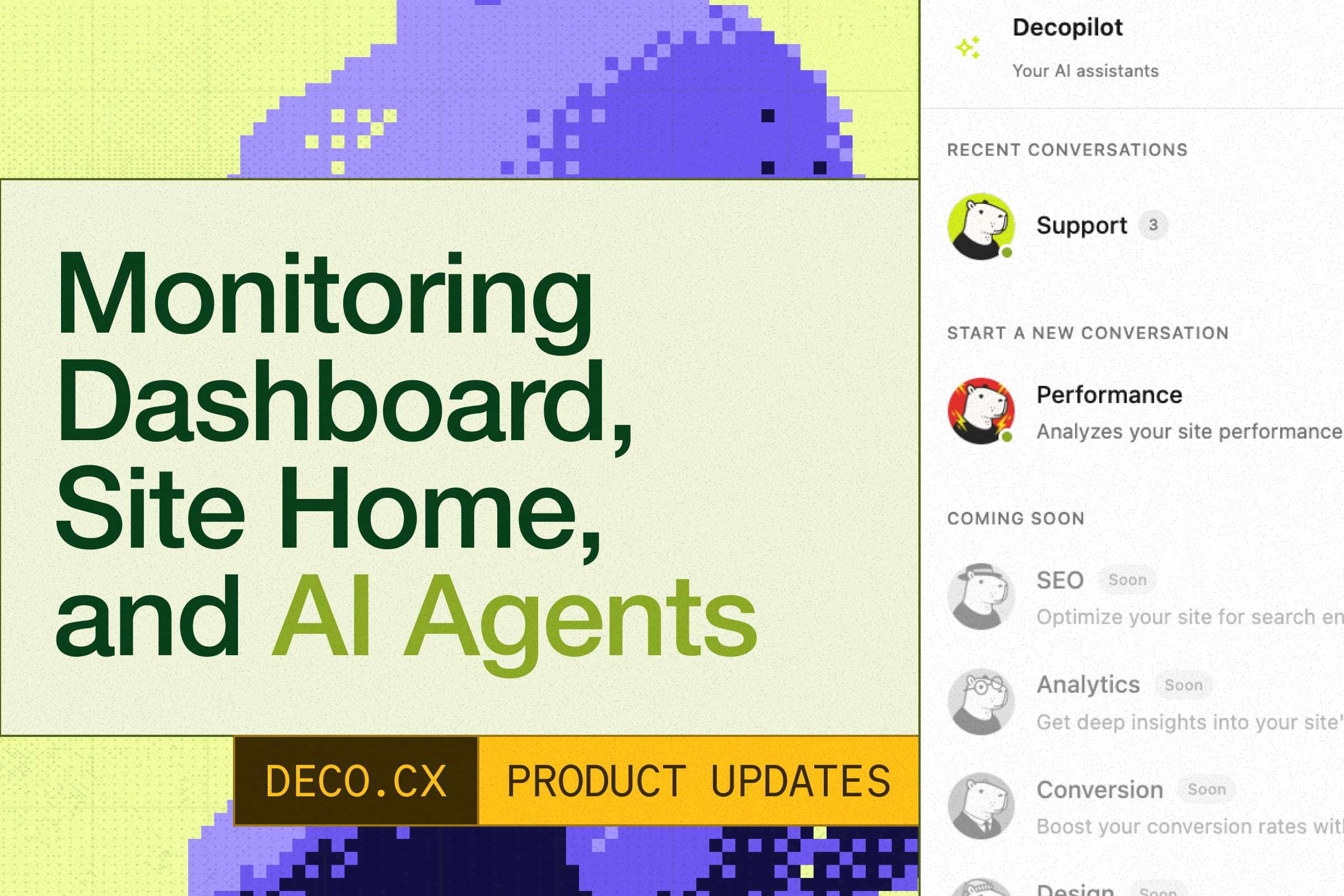 deco.cx Admin: Monitoring Dashboard, Site Home, and AI Agents