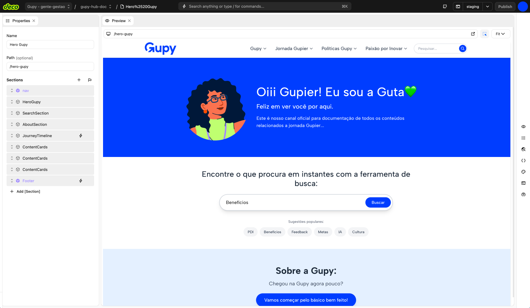 Gupy's knowledge hub in the deco CMS admin panel