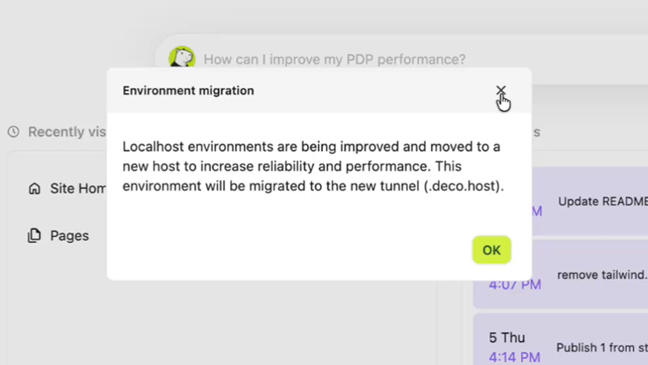 Migration prompt for localhost environments in the deco.cx Admin