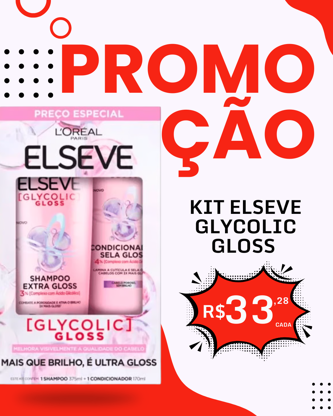 Kit Elseve Glycolic Gloss Shampoo 375ml + Condicionador 170ml