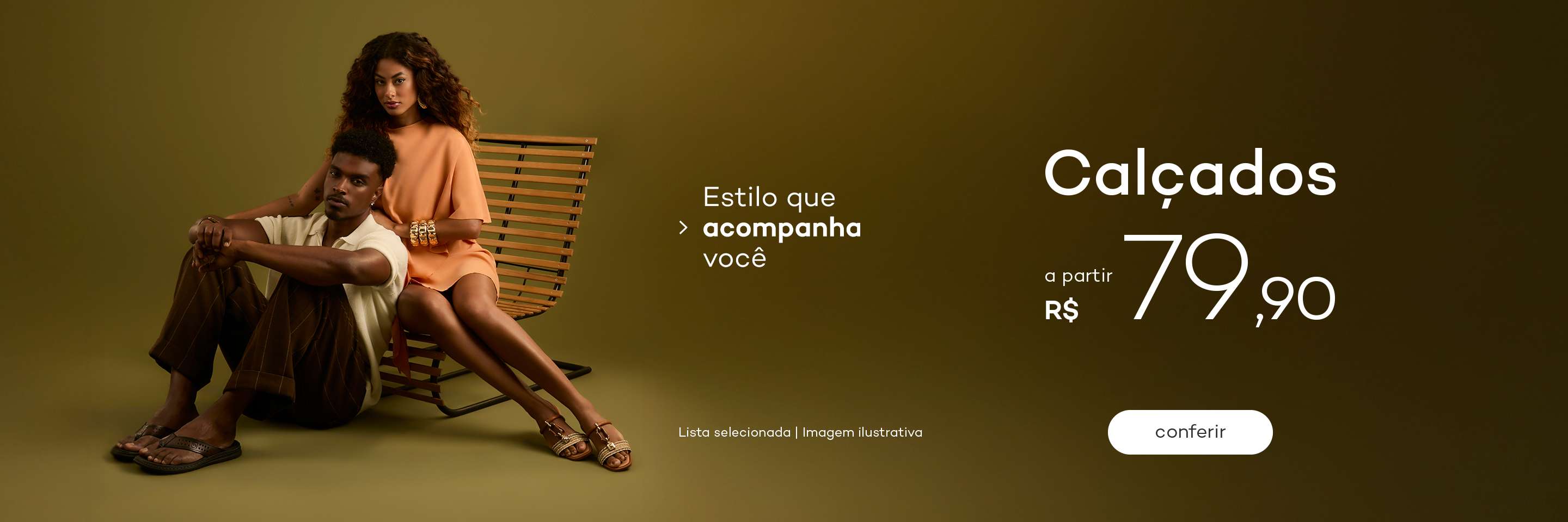 Banner de moda verão da Oscar Calçados com casal usando calçados e roupas leves. Campanha “Oscar Verão – Alma brasileira” com 15% de desconto usando o cupom VERAO15 em produtos selecionados.