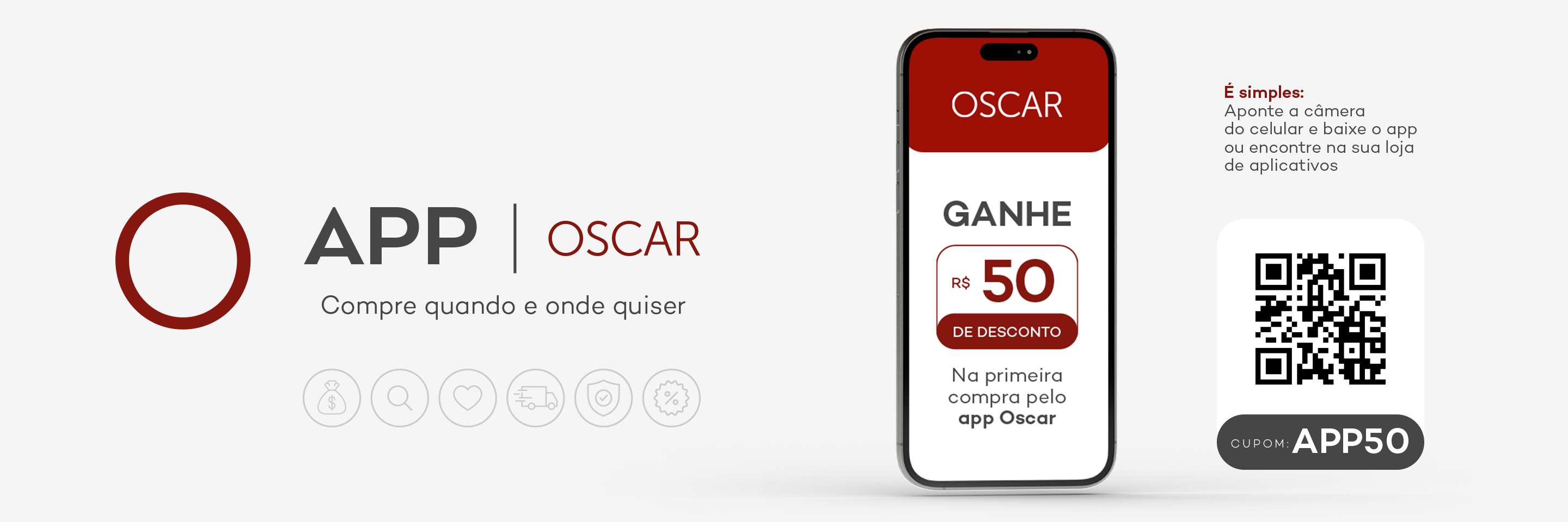 App Oscar – ganhe R$50 de desconto na primeira compra pelo aplicativo usando o cupom APP50. Banner promocional com QR Code para baixar o app, frete e compras online pelo celular.