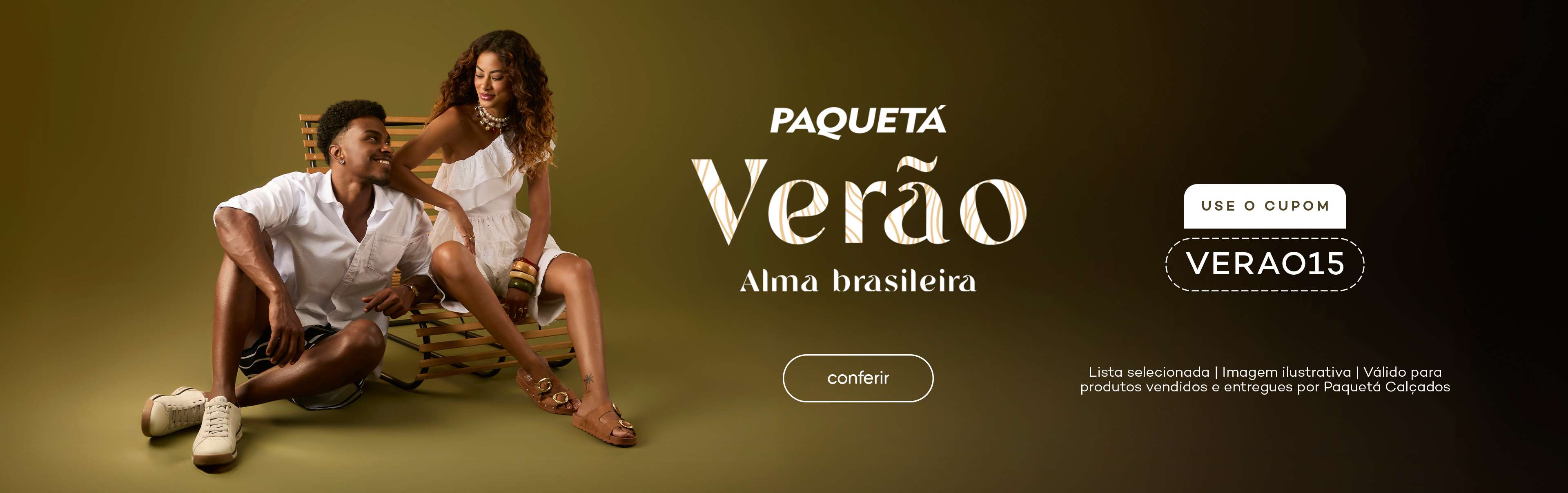 Banner da campanha Paquetá Verão com casal usando calçados e looks leves. Promoção “Verão Alma brasileira” com 15% de desconto usando o cupom VERAO15 em produtos selecionados.